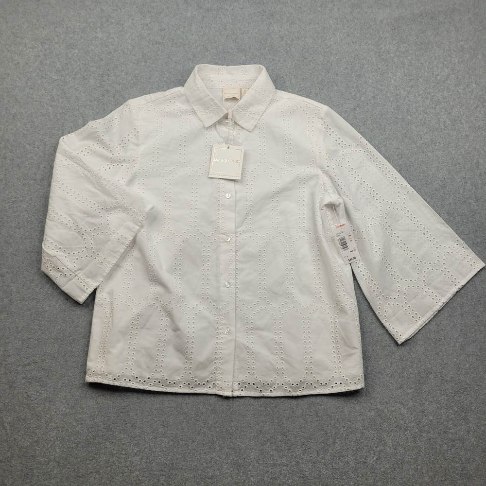 Zac &‎ Rachel Eyelet Button Down Shirt Womens Small White 3/4 Sleeve 1T81TU75E
